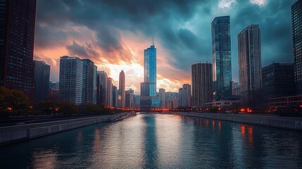 Obraz premium Dramatic sunset over a city skyline with tall modern skyscrapers reflecting on calm river water