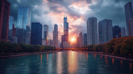 Fototapeta premium Sunset over a modern city skyline with tall skyscrapers reflected in a calm river, accompanied by trees and a cloudy sky creating a serene and majestic atmosphere