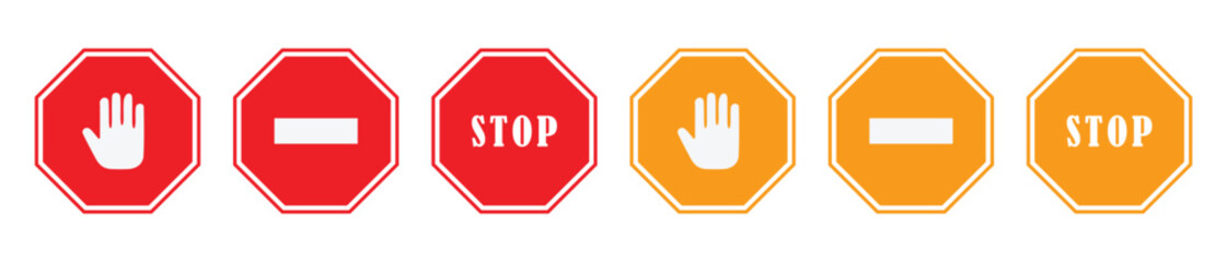 Stop Sign Design. No Entry or No Sign Icon Set. Traffic Warning Symbol with Bold Text. High-quality vector illustration of a classic red stop sign.