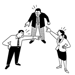 Businesspeople pointing to anther to blame each other, push the responsibility onto their colleagues.  business people conflict. Cute vector character illustration, black and white style. Outline, thi