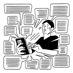 Vector illustration character of frightened boy holding smartphone and feels depressed with many bad or negative comments on social media. Outline, thin line art, hand drawn sketch design, black and w