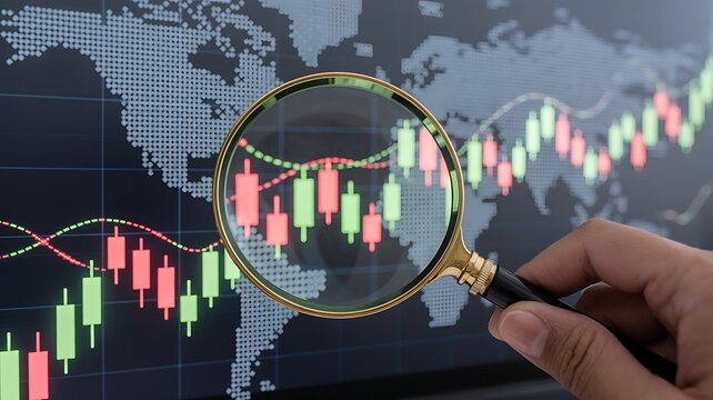 Analyzing global financial markets using magnifying glass focusing on candlestick charts and world map backdrop