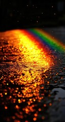Rainbow reflecting on wet pavement at night