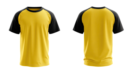 Front and back view of a mustard yellow t-shirt with black raglan sleeves