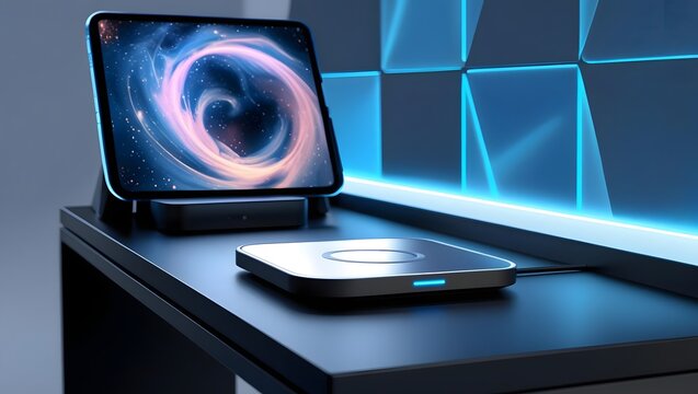 Futuristic workstation with holographic display and LED wall panels