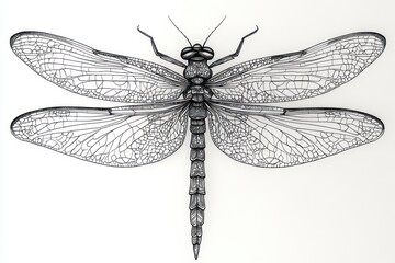 Detailed black and white line drawing of a dragonfly with intricate wing patterns and segmented body showing fine veins and delicate legs