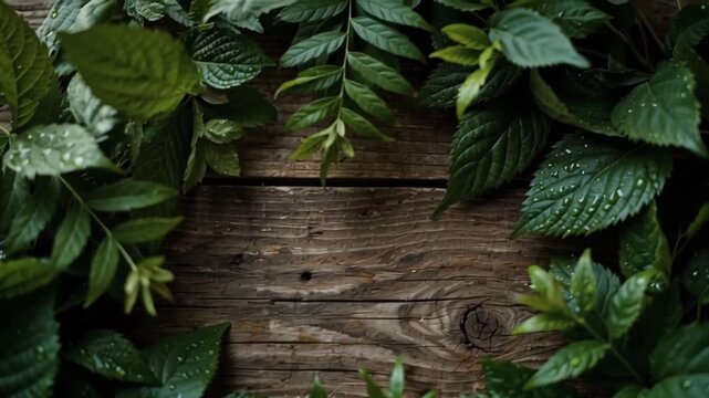 Lush green foliage with glistening water droplets frames a rustic wooden background, creating a serene and organic natural backdrop for text or design