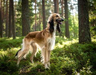 Slender dog in a sun-drenched forest