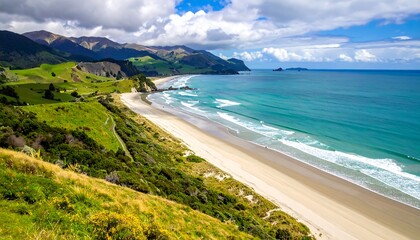Panoramic view of a beach with dramatic coastline