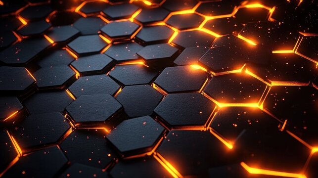 glowing orange fiery light emerging from dark black hexagonal tiles creating high-tech futuristic pattern
