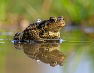 Obraz premium Reflective Toad in Still Water, Nature's Detailed Beauty