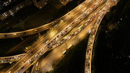 Aerial photography of night scenes of urban roads