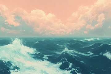 Fototapeta premium Vast ocean waves under a soft, pastel sky