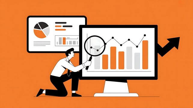 Business analyst examining financial data on a computer screen with magnifying glass and growth arrow