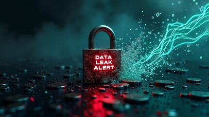 A stylized padlock with a glowing 'DATA LEAK ALERT' sign, set against a dark, moody background, representing cybersecurity threats.
