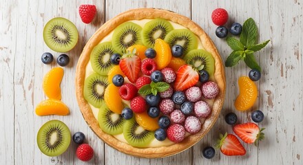 Delightful fruit tart on rustic wooden table, showcasing vibrant colors