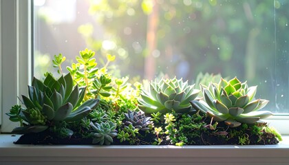 Golden Light Succulents: A Serene Indoor Garden on a Windowsill Bathed in Soft Sunlight

