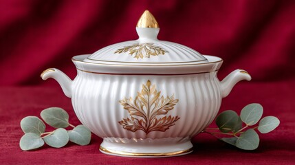 Porcelain tureen with gold leaf pattern on red background