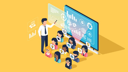 Dynamic Isometric Business Training vector Illustration: Interactive Learning, Data Analysis, and Idea Generation with Diverse Professionals