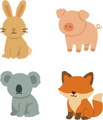 Obraz premium Four cute cartoon animals: a rabbit, a pig, a koala, and a fox.