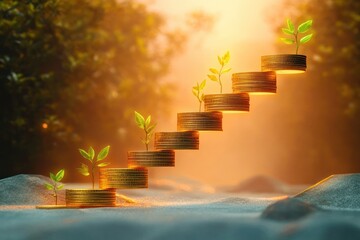 Small green plants growing on stacked golden coins forming a rising staircase in soft golden sunlight symbolizing growth and financial progress