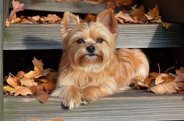 small fluffy tan dog lying calmly on wooden steps surrounded by dry autumn leaves in warm natural light