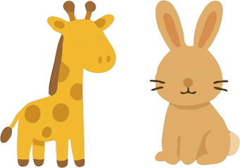 Fototapeta premium A cute cartoon giraffe and a fluffy brown rabbit sitting side by side against a white background.