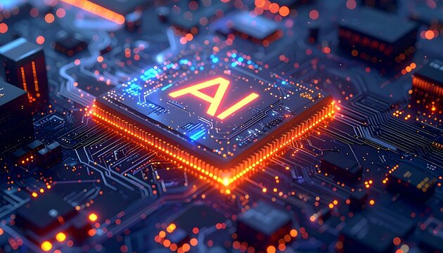 A close-up view of a computer processor with glowing orange and blue lights, featuring the text "AI" on its surface. The circuit board details are clearly visible