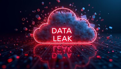A striking digital illustration of a cloud symbolically representing a data leak, illuminated in red against a dark background.