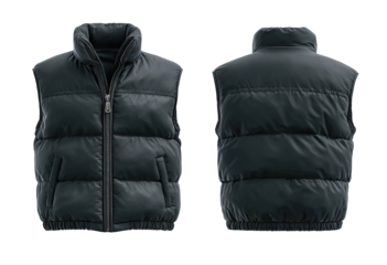 Dark gray puffer vest, front and back views
