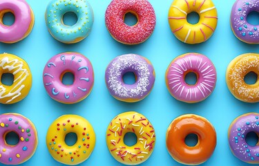 Colorful donuts arranged in a grid pattern on a light blue background (1)