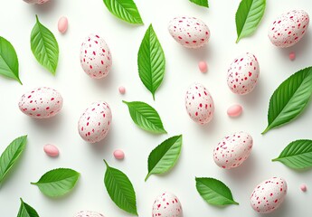 Pastel eggs and leaves on white background