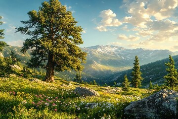 Sunlit alpine meadow with wildflowers, large solitary tree, scattered rocks, pine trees, and majestic snow-capped mountains under a bright blue sky with scattered clouds