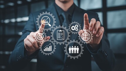Business professional interacts with digital gear icons depicting business growth and strategic planning elements