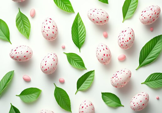 Pastel eggs and leaves on white background