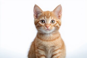 Close-up portrait of an alert ginger tabby kitten with big round eyes looking directly at the camera on a white background