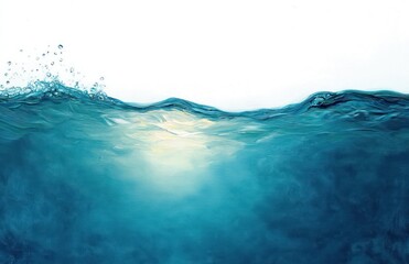 Close-up view of blue ocean waves with sunlight reflecting and water droplets splashing against a white background