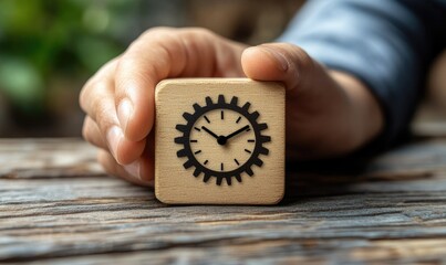 Hand holding wooden block with gear clock graphic