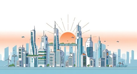 Obraz premium Futuristic eco city skyline with sustainable architecture, solar panels, wind turbines and flying vehicles at sunrise