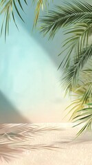 A serene tropical scene featuring lush palm fronds against a soft blue sky, casting gentle shadows on pristine white sand.