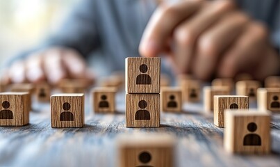 Personified wooden blocks stacked, signifying personnel or team management. A hand places a block, suggesting leadership