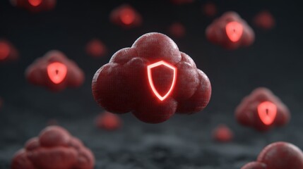 Abstract representation of digital cloud security with red shield icons amid floating red clouds in dark, modern cyber landscape environment