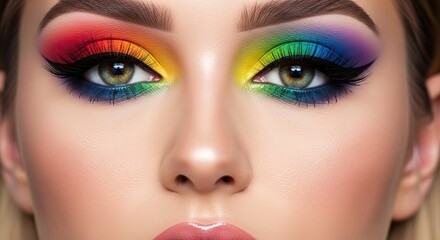 Fototapeta premium Stunning vibrant rainbow eye makeup showcasing artistic beauty with bold lashes and luminous skin for a dazzling, expressive look