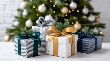 Wrapped Christmas gifts with bows under fir tree