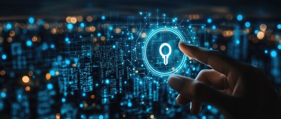 Holographic key icon over a cityscape of digital data
