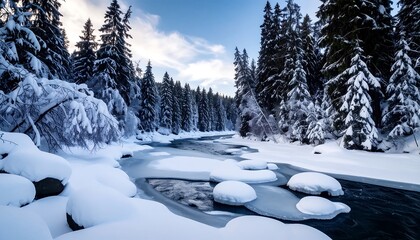 Winter river flowing through snowy forest
