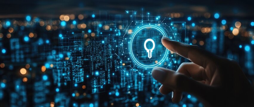 Holographic key icon over a cityscape of digital data - Powered by Adobe