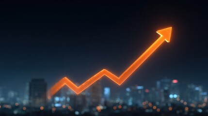 Dynamic upward graph visualization indicating growth over city skyline during nighttime with glowing orange arrow and urban lights in background