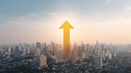 Urban skyline with a bright sun rising over buildings, symbolizing growth, prosperity, and positivity in a modern city landscape in soft warm hues