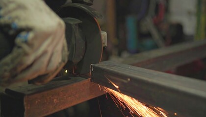 Locksmith in special clothes and goggles works in production. Metal processing with angle grinder. Sparks in metalworking
